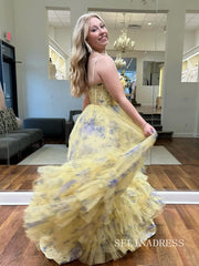 Elegant Spaghetti Straps Yellow Print Floral Long Prom Dress lps014|Selinadress