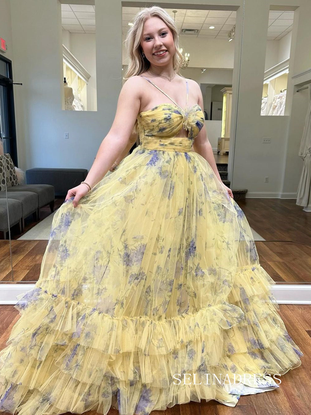 Elegant Spaghetti Straps Yellow Print Floral Long Prom Dress lps014|Selinadress