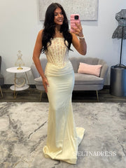 Elegant Strapless Lace-Bodice Gown with a Sleek Satin Skirt COK046|Selinadress