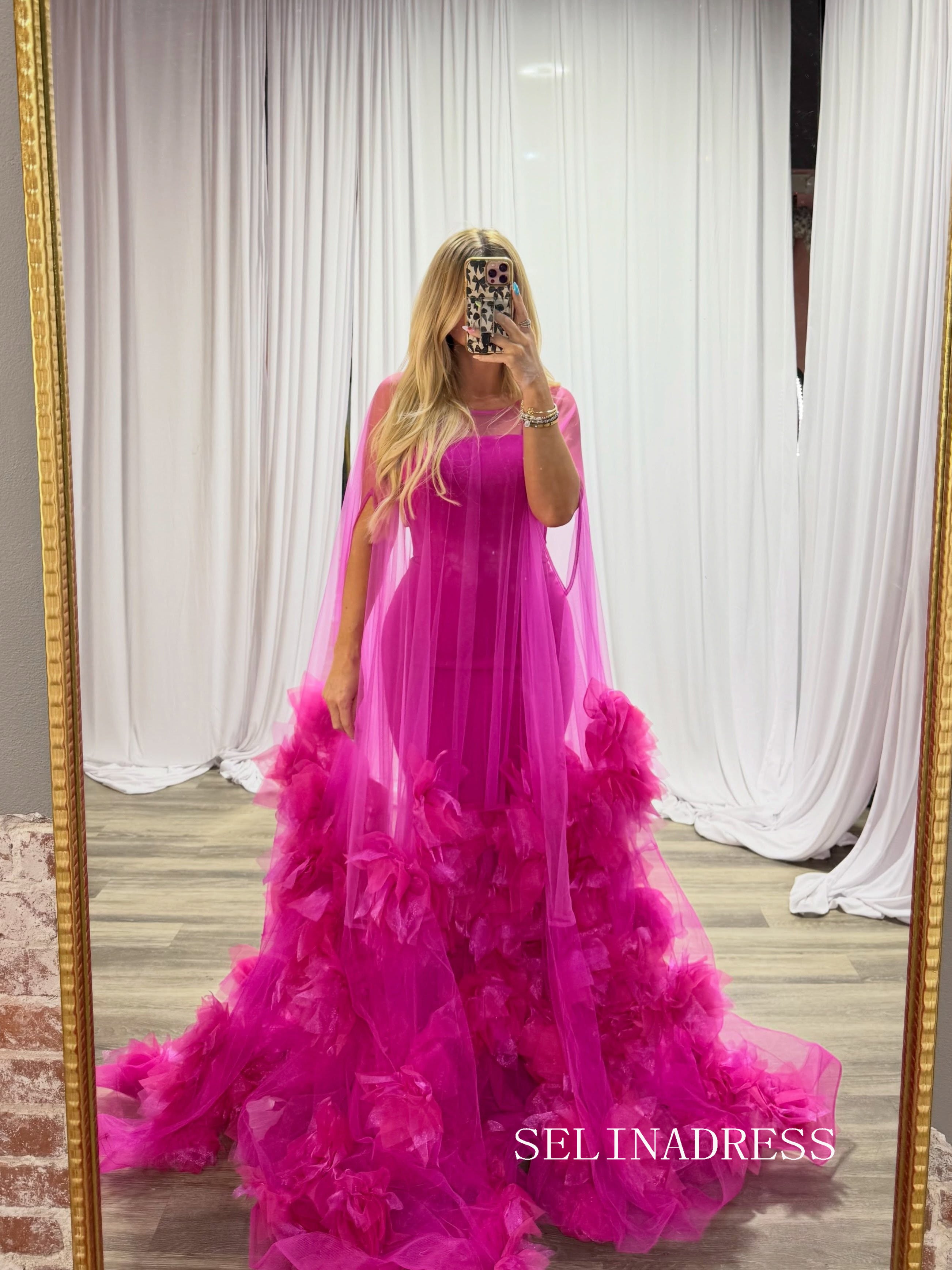 Enchanting Floral Tulle Evening Gown in Vibrant Fuchsia COK039|Selinadress