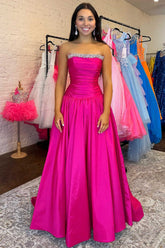 A-Line Strapless Fuchsia Beaded Long Prom Dresss lck00