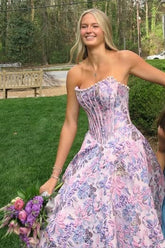 Fashion Satin A-Line Strapless Floral Formal Party Prom Dress lck015