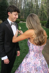 Fashion Satin A-Line Strapless Floral Formal Party Prom Dress lck015