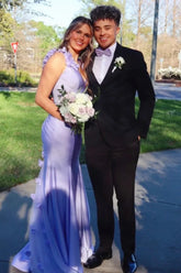 Mermaid V-Neck Floral Straps Backless Satin Party Prom Dress lck018