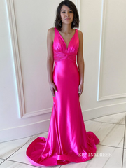 Fuchsia Mermaid Plunging V Neck Satin Mermaid Long Prom Dress lpk564|Selinadress