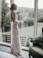 High Neck Open Back Boho Lace Mermaid Wedding Dresses with Long Sleeves GRK015|Selinadress