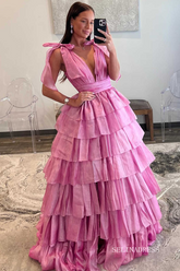 Glitter Tie Straps Pink Plunging Neck Tiered Long Prom Dress lpk578|Selinadress