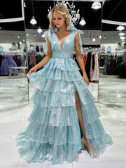 Glitter Tie Straps Pink Plunging Neck Tiered Long Prom Dress lpk578|Selinadress