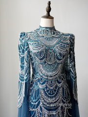 Gorgeous High Neck Long Sleeve Luxury Long Prom Dress Blue Beaded Evening Dress Formal Gown FUE018|Selinadress