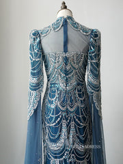 Gorgeous High Neck Long Sleeve Luxury Long Prom Dress Blue Beaded Evening Dress Formal Gown FUE018|Selinadress