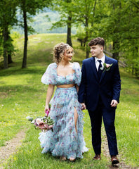 Gorgeous Two Pieces Prom Dress Elegant Puff Sleeve Long Formal Gown Floral Dress #LOP606|Selinadress