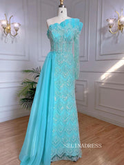 Luxury Sheath One Shoulder Beaded Prom Dress With Long Sleeve Overskirt Evening Gowns LA71649|Selinadress