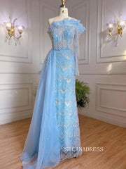 Luxury Sheath One Shoulder Beaded Prom Dress With Long Sleeve Overskirt Evening Gowns LA71649|Selinadress