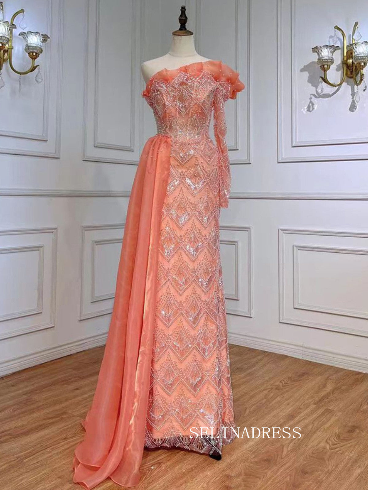 Luxury Sheath One Shoulder Beaded Prom Dress With Long Sleeve Overskirt Evening Gowns LA71649|Selinadress