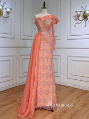 Luxury Sheath One Shoulder Beaded Prom Dress With Long Sleeve Overskirt Evening Gowns LA71649|Selinadress