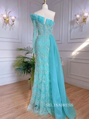 Luxury Sheath One Shoulder Beaded Prom Dress With Long Sleeve Overskirt Evening Gowns LA71649|Selinadress