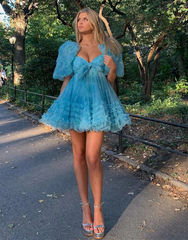 A-line Puff Sleeve Beautiful Blue Short Prom Dress Cute Tulle Homecoming Dress lop248|Selinadress