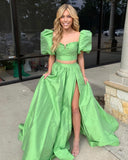 Chic Two Pieces Green Long Prom Dresses Elegant Puff Sleeve Cheap Evening Dress lpk123|Selinadress