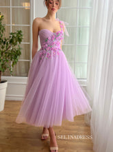 Lavender One Shoulder A-line Tea Length Floral Prom Dresses TUN015|Selinadress