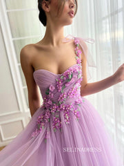 Lavender One Shoulder A-line Tea Length Floral Prom Dresses TUN015|Selinadress