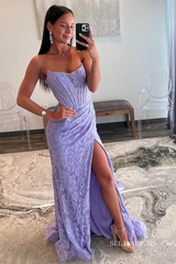 Lavender Strapless Mermaid Ruched Lace Prom Dress with Slit lpk571|Selinadress