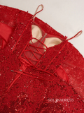 Mermaid Spaghetti Straps Red Long Prom Dresses Thigh Split Beaded Evening Dresses MLK044