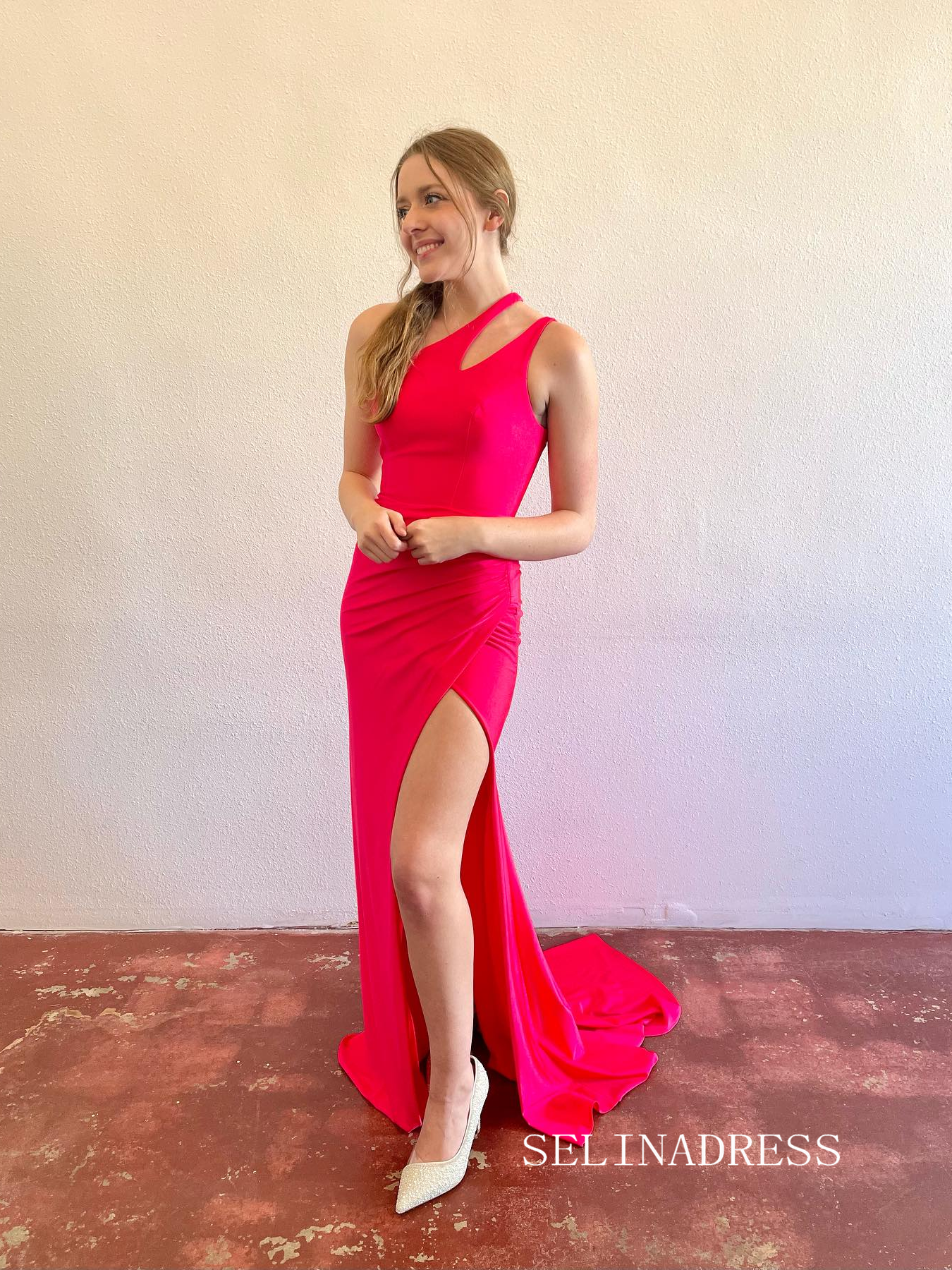 Mermaid Hot Pink One Shoulder Cheap Prom Dresses With Silt lpk500|Selinadress