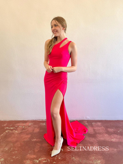 Mermaid Hot Pink One Shoulder Cheap Prom Dresses With Silt lpk500|Selinadress