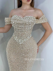 Mermaid Off-the-shoulder Beaded Long Prom Dress Formal Dress ann308|Selinadress