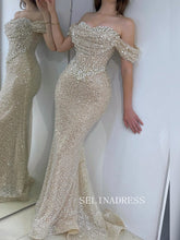 Mermaid Off-the-shoulder Beaded Long Prom Dress Formal Dress ann308|Selinadress