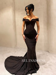 Mermaid Off-the-shoulder Black Long Prom Dress Sparkly Evening Dress ann310|Selinadress