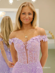Mermaid Off-the-shoulder Lilac Long Prom Dress Cheap Beaded Lace Evening Gowns LPK170|Selinadress