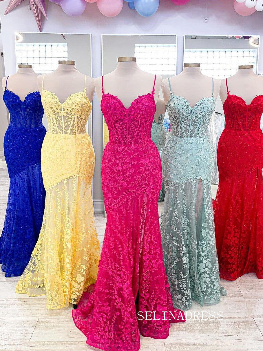 Mermaid Spaghetti Straps Applique Long Prom Dress With Slit lpk902|Selinadress