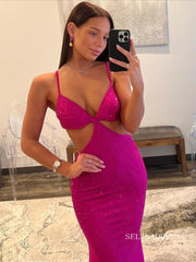 Mermaid Spaghetti Straps Magenta Sparkly Long Prom Dress lpk805|Selinadress