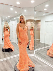 Mermaid Spaghetti Straps Orange Lace Long Prom Dress Cheap Evening Dresses LPK178|Selinadress