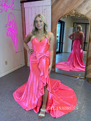 Mermaid Spaghetti Straps Satin Prom Dress With Bow lpk591|Selinadress