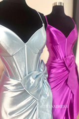 Mermaid Spaghetti Straps Satin Prom Dress With Bow lpk591|Selinadress