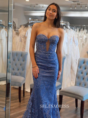 Mermaid Sweetheart Applique Lace Blue Long Prom Dress lpk938|Selinadress