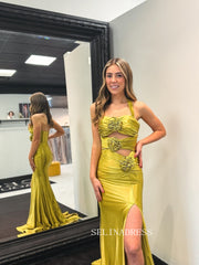 Mermaid Gold Halter Long Prom Dress Evening Dress with Flower ABB005|Selinadress