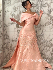 Off-the-shoulder Pink Long Prom Dress Satin Evening Dresses REN013|Selinadress