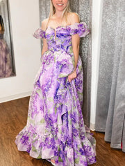 Off-the-shoulder Purple Floral Long Prom Dresses Evening Dresses SEA056|Selinadress