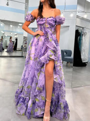 Off-the-shoulder Purple Floral Long Prom Dresses Evening Dresses SEA056|Selinadress