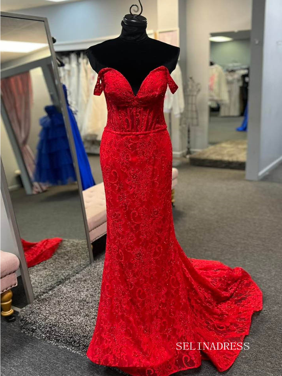 Off-the-shoulder Red Beaded Cheap Lace Prom Dresses lpk575|Selinadress