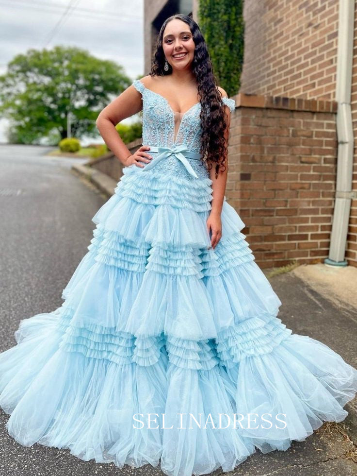 Off-the-shoulder Glitter Tulle Ball Gowns Lace Long Prom Dress Layered Evening Dress SED293|Selinadress