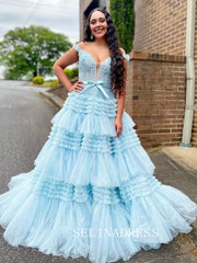 Off-the-shoulder Glitter Tulle Ball Gowns Lace Long Prom Dress Layered Evening Dress SED293|Selinadress
