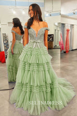 Off-the-shoulder Glitter Tulle Ball Gowns Lace Long Prom Dress Layered Evening Dress SED293|Selinadress