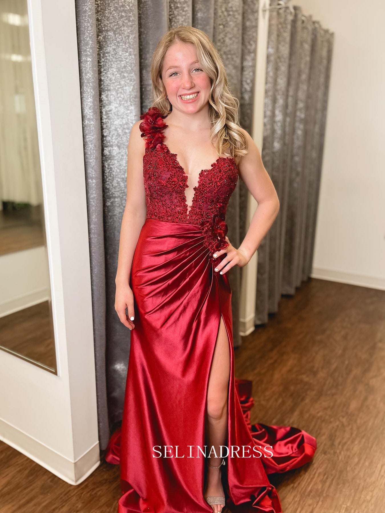 One Shoulder Fuchsia Ruched Long Prom Dress with 3D Flowers With Slit lpk576|Selinadress