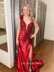 One Shoulder Fuchsia Ruched Long Prom Dress with 3D Flowers With Slit lpk576|Selinadress