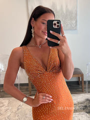 Orange Beaded Mermaid V Neck Long Prom Dresses lpk807|Selinadress