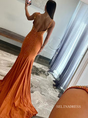 Orange Beaded Mermaid V Neck Long Prom Dresses lpk807|Selinadress